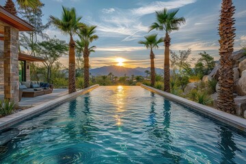 Palm trees surround a luxurious pool with a view of the mountains. The sun is setting, casting a pink and purple glow over the scene.