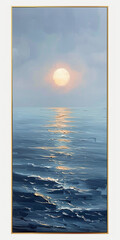 Sunset over the Sea, in the style of a minimalist oil painting, with light blue and gray tones. The sun sets over an open ocean, reflecting on calm waters. A thin golden border frames the canvas, addi