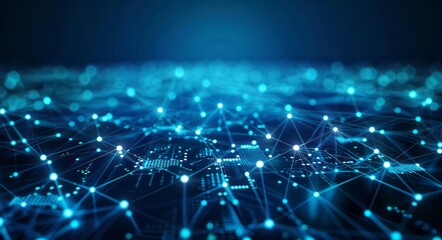 Obraz premium Abstract background highlighting blue glowing connections and dots set against a dark blue gradient, illustrating the seamless integration of modern technology