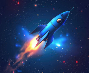 Flying blue space rocket in space with stars Spaceship launch business product on market concept Rocket 3d icon Realistic creative conceptual symbol of startup Vector illustration