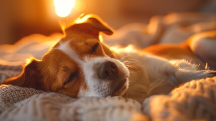A curled-up Jack Russell napping in a sunbeam, serene slumber