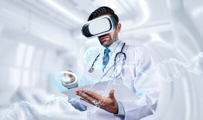 Skilled doctor using VR goggles and research about genetic while standing at lab. Professional...
