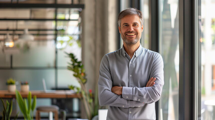 Fototapeta premium smiling businessman or CEO of a company in modern office, portrait of a smiling person in office, corporate life 