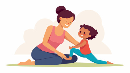 A mother and her child giggling while attempting a partner pose their bodies intertwined.. Vector illustration