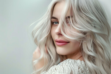 Naklejka premium Radiant Platinum: Captivating Portrait of a Woman with Luxurious Platinum Blonde Hair - Glamour, Elegance, Natural Beauty - Clean composition, Ample negative space