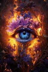 Surreal eye surrounded by vibrant flowers and flames