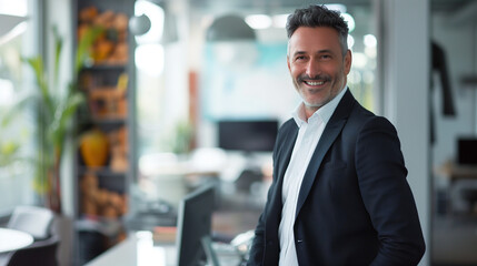 Fototapeta premium smiling businessman or CEO of a company in modern office, portrait of a smiling person in office, corporate life 