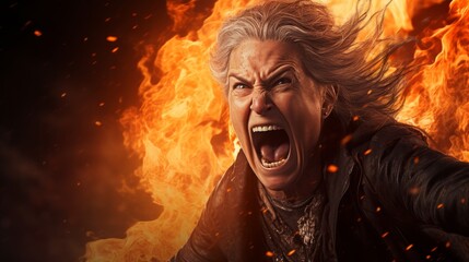 Intense expression of a person with fiery background