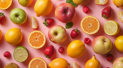 A fresh fruits arranged on a seamless background, featuring soft shadows and vibrant colors.