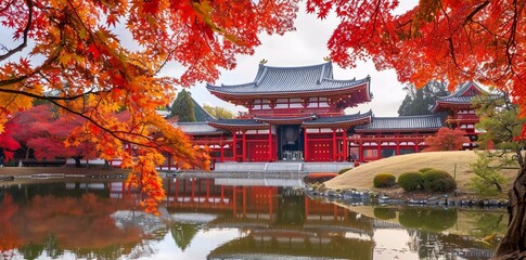 Byodoin Temple with red maple leaves in colorful autumn, the most popular tourist attraction in Japan.