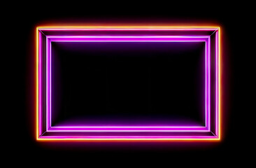 neon glowing blank frame for text on black background, bright neon illuminated frame, holiday promotions, birthday and sale announcements with space for personalization