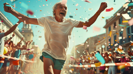 Elderly marathon runner triumphantly crosses finish line amidst cheers and confetti.