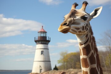 Curious giraffe looking at lighthouse near lake