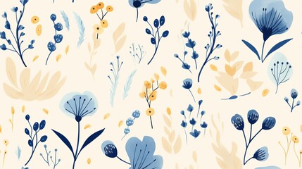 A seamless pattern of blue and yellow flowers and leaves on a beige background.