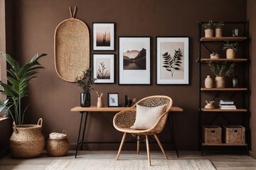 Japandi style. Aesthetic work room interior design with mock-up poster frame and wooden furniture.
