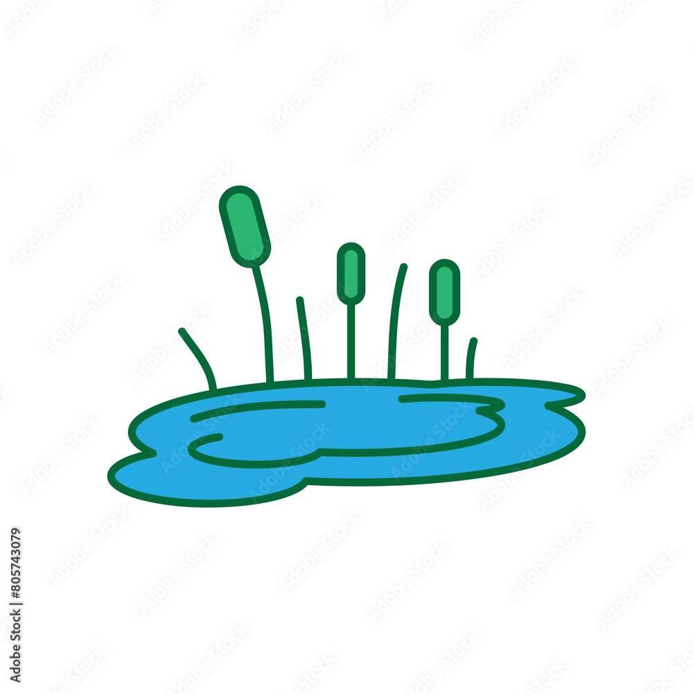 Aufkleber Pond with reeds vector color icon. Lake with plants simple flat trendy style illustration for web and app..eps
