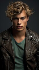 Obraz premium Handsome young man with wavy hair and leather jacket