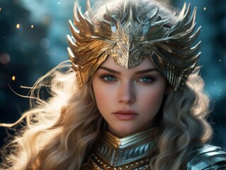 fantasy warrior woman with golden armor and headdress