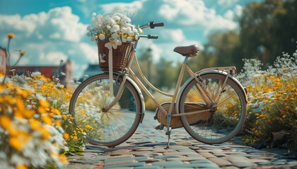 the essence of spring with a vintage bicycle adorned with basket with fresh flowers