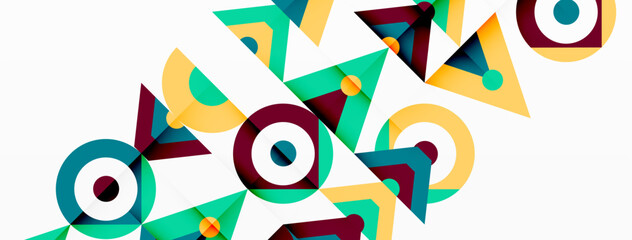 A creative arts piece featuring a colorful geometric pattern with rectangles, triangles, and circles in symmetrical layout on a white background
