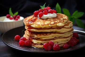Delicious homemade pancakes with fresh raspberries and whipped cream