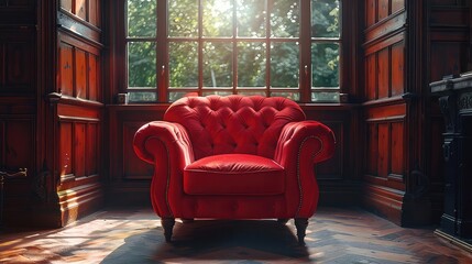 A single red velvet armchair sits in a wood-paneled room