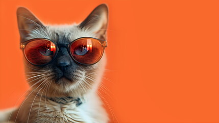 Adorable cat with blue eyes wearing glasses on a yellow-orange background. Close-up portrait of a funny pet. Kitten in sunglasses. Fashion, style, cool animal concept with copy space