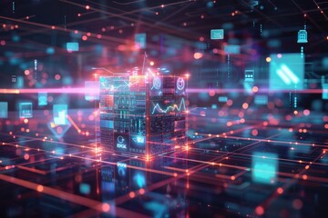 Obraz premium Cube of data surrounded glowing digital symbols, representing the next wave in AI technology, big data analysis.