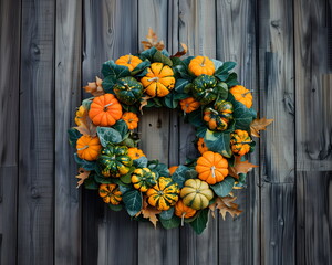 Door wreath made of branches, decorated with pumpkins, green and orange leaves, isolated on a dark background. Thanksgiving or Halloween holiday concept. Autumn banner.