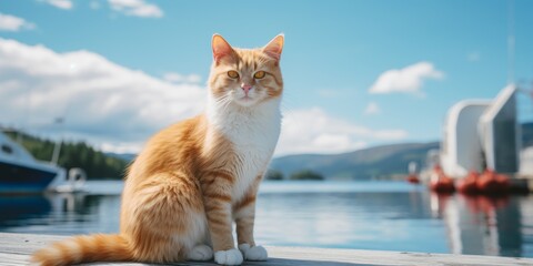 Adorable cat sitting on a dock overlooking a scenic lake - Powered by Adobe