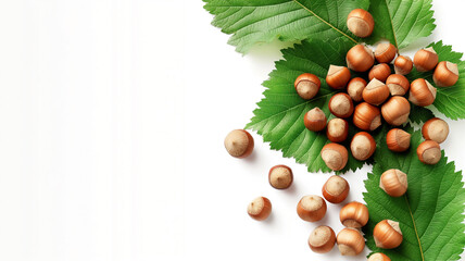 A fresh display of hazelnuts arranged atop vibrant green leaves, scattered elegantly on a pristine white background.
