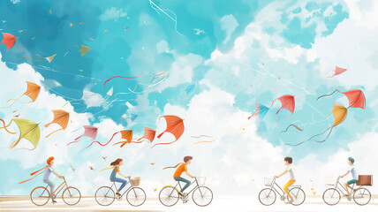 A whimsical illustration of four people joyfully riding bicycles under a sky filled with colorful flying kites, creating a scene of carefree motion and vibrant skies.