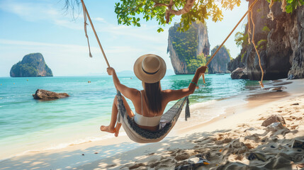 a woman lounges in a hammock Beneath the swaying palms on a pristine Thai beach