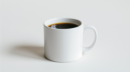 A simple white ceramic mug filled with black coffee, positioned on a clean white background, casting a subtle shadow.