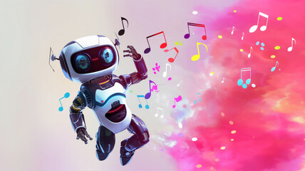 A futuristic white robot floating in a vibrant, colorful cloud of pink and red hues, surrounded by floating musical notes expressing joy and rhythm.