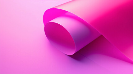 A vibrant roll of pink paper with a soft gradient, elegantly curled at one end, creating a smooth and sleek abstract form on a light pink background.