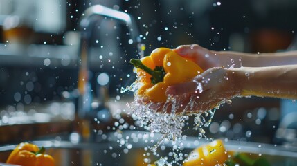 Wash a yellow pepper under a splash of water in a basin on the kitchen sink. - Powered by Adobe