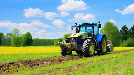 Obraz premium A farmer's journey begins as the tractor sows hope in the fertile spring soil.