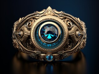 Ornate golden ring with large blue gemstone