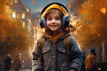 Smiling girl listens to music on her headphones and walks autumn city. With a backpack. Outdoors, in the street. Moody.