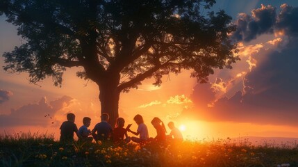 The image shows a group of diverse children sitting under a tree at sunset.