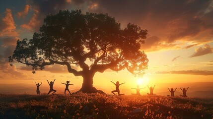 The image shows a large tree with people jumping around it. The sun is setting in the background. The image is warm and inviting.