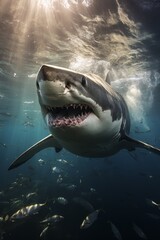 Fierce great white shark with open mouth underwater