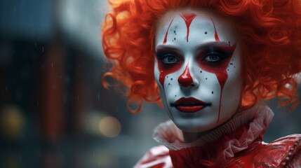 Haunting clown portrait with vibrant red hair