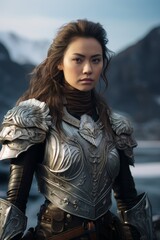 Warrior woman in fantasy armor standing in a snowy mountain landscape