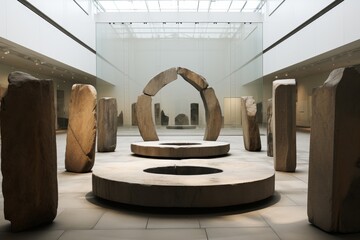 modern art gallery with large stone sculptures