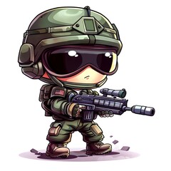 Little cartoon soldier. Tactical soldier. Sticker Clipart. AI generated.