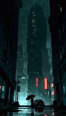 Naklejka premium A person with an umbrella stands on a rainy street at night, surrounded by towering skyscrapers