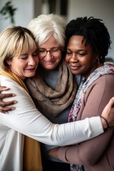 Fototapeta premium Smiling mature women hug supporting each other during psychotherapeutic session in office