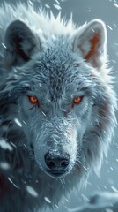 A closeup of a white wolf with glowing red eyes, snow is falling around it